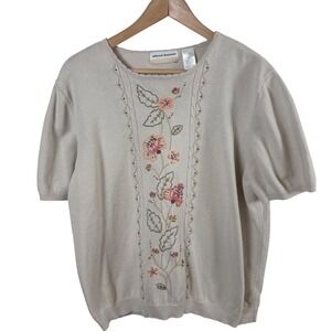 VTG Alfred Dunner Women's 2X Beige Embroidered Short-Sleeve Sweater Cottagecore